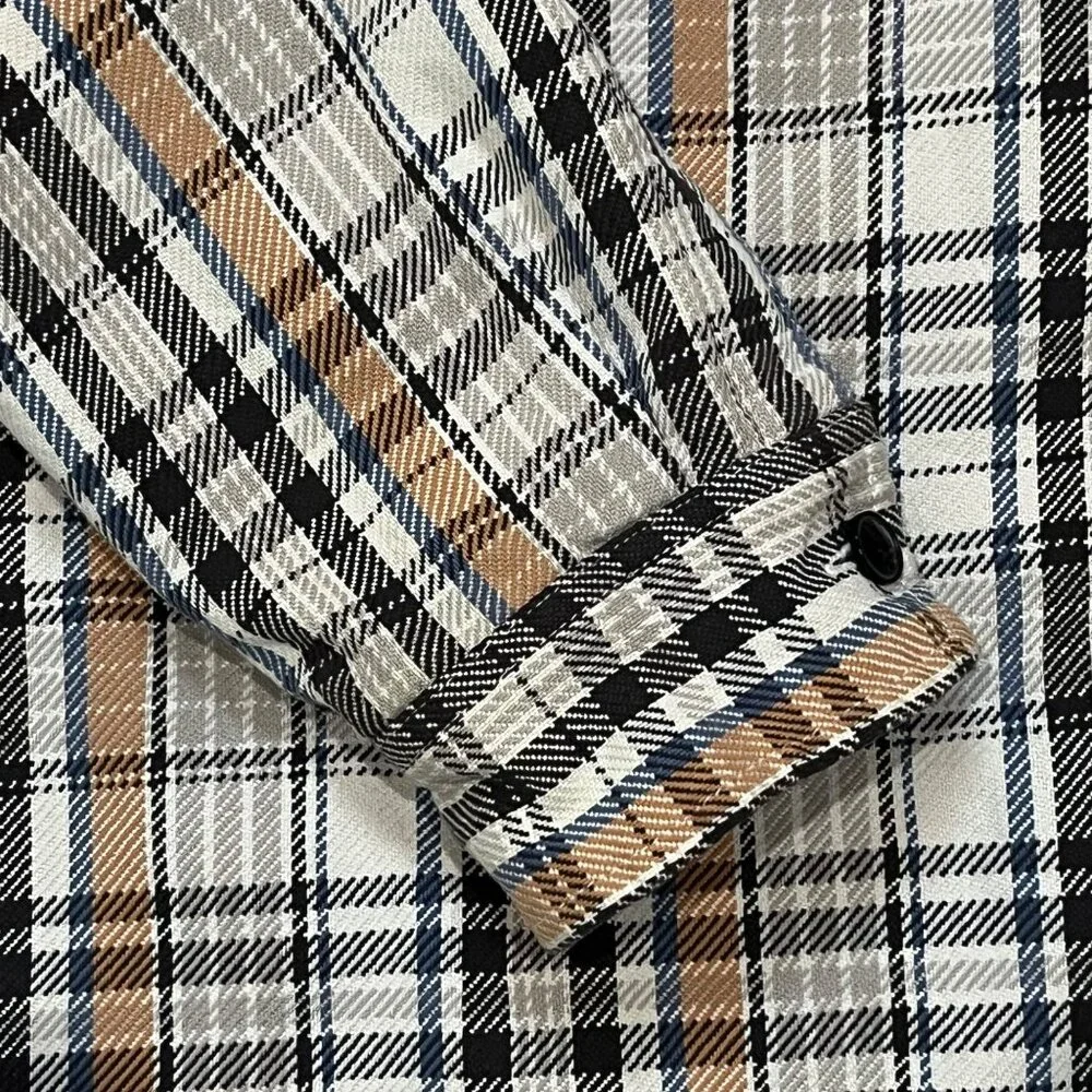 Mens J.Crew Plaid‎ Long-Sleeve Quilted Shirt Jacket Medium Cotton Blue Beige Tan